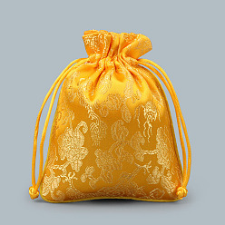 Gold Chinese Style Silk Drawstring Jewelry Gift Bags, Jewelry Storage Pouches, Lining Random Color, Rectangle with Dragon Pattern, Gold, 15x11.5cm