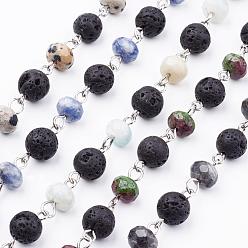Mixed Stone Handmade Round Natural Gemstone Beads Chains for Necklaces Bracelets Making, Unwelded, with Lava Rock Beads and Platinum Iron Eye Pin, 39.37 inch(1m)