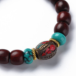 Coconut Brown Rondelle Sandalwood Mala Bead Bracelets, with Synthetic Turquoise & Indonesia Beads, Buddhist Jewelry, Stretch Bracelets, Coconut Brown, Inner Diameter: 2-1/8 inch(5.5cm)