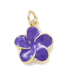 Slate Blue Brass Enamel Pendants, Flower Charms, Rack Plating, Long-Lasting Plated, Cadmium Free & Lead Free, Real 18K Gold Plated, Slate Blue, 15x12.5x3.5mm, Hole: 3mm
