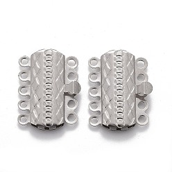 Stainless Steel Color 304 Stainless Steel Box Clasps, Multi-Strand Clasps, 5-Strands, 10-Holes, Rectangle with Flower, Stainless Steel Color, 19.5x15x3mm, Hole: 1.4mm