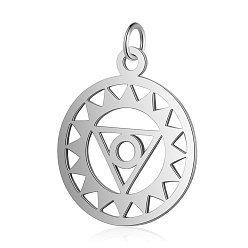 Stainless Steel Color 201 Stainless Steel Pendants, Chakra, Visuddha, Flat Round with Triangle, Stainless Steel Color, 22.5x19x1mm, Hole: 3mm