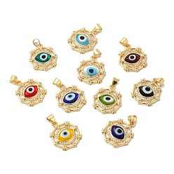 Mixed Color Handmade Evil Eye Lampwork Pendants, with Brass Cubic Zirconia Finding, Cadmium Free & Lead Free, Real 18K Gold Plated, Flat Round Charm, Mixed Color, 20.5x17.5x3.3mm, Hole: 3x4.3mm