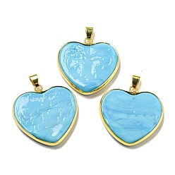 Light Sky Blue Handmade Lampwork Pendants, with Brass Findings, Long-Lasting Plated, Lead Free & Cadmium Free, Heart Charms, Light Sky Blue, 31~32x31~31.5x5mm, Hole: 6.5x4mm
