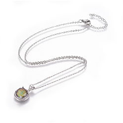 Stainless Steel Color 304 Stainless Steel Pendant Necklaces, with Brass Cubic Zirconia Changing Color Mood Pendants, Half Round, Platinum & Stainless Steel Color, 17.32 inch~17.71 inch(44~45cm), Pendant: 16x14x7mm