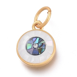 White Natural White Shell & Black Lip Shell Charms, with Brass Findings, Cubic Zirconia and Jump Rings, Flat Round, Matte Style, Matte Gold Color, White, 12.3x10x3mm, Hole: 4.5mm