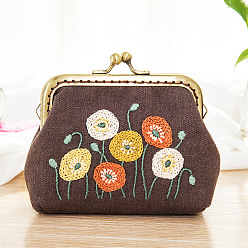 Flower DIY Kiss Lock Coin Purse Embroidery Kit, Including Embroidered Fabric, Embroidery Needles & Thread, Metal Purse Handle, Flower Pattern, 130x40x95mm