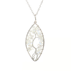 Opalite Opalite Chips Beaded Horse Eye with Tree Pendant Necklaces, with Platinum Brass Chains, 20.08 inch(51cm)