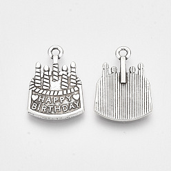Antique Silver Tibetan Style Alloy Pendants, Cadmium Free & Lead Free,, Cake Word with Happy Birthday, Antique Silver, 21.5x15x2mm, Hole: 1.8mm, about 609pcs/1000g