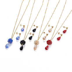 Golden 304 Stainless Steel Jewelry Sets, Pendant Necklaces and Stud Earrings, with Glass Beads, Flower with Teardrop, Golden, Mixed Color, 16.5~16.7 inch(42~42.5cm), 2mm, 28~29mm, Pin: 0.8mm