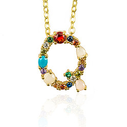 Letter Q Golden Brass Micro Pave Cubic Zirconia Initial Pendants Necklaces, with Cable Chains, Colorful, Letter, Letter.Q, 17.9~18.1 inch(45.5~46cm)x1.5mm, LetterQ: 21x16x6mm