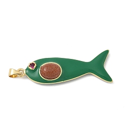 Морско-зеленый Рыба из латуни микро проложить Цирконом подвески, с эмалью и синтетическим авантюрином, стойки покрытие, долговечный, без свинца и без кадмия, цвета морской волны, 43x16x9 мм, отверстие : 4x3.5 мм