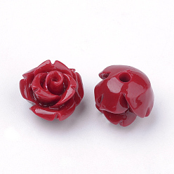 Dark Red Dyed Synthetic Coral Beads, Flower, Half Drilled, Dark Red, 10x10x8.5mm, Hole: 1.5mm