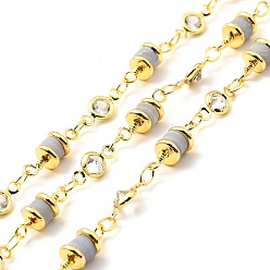 Real 18K Gold Plated Natural Blue Lace Agate Column & Clear Cubic Zirconia Flat Round Link Chain, with Brass Findings, Soldered, with Spool, Lead Free & Cadmium Free, Real 18K Gold Plated, 13x5mm, 10x4.5x2mm