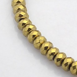 Golden Plated Electroplate Non-magnetic Synthetic Hematite Beads Strands, Faceted Rondelle, Golden Plated, 4x3mm, Hole: 1mm, about 141pcs/strand, 15.7 inch