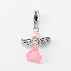 Pink Lovely Wedding Dress Angel Alloy European Dangle  Large Hole Pendants, with Glass Pearl Beads and Transparent Acrylic Beads, Pink, 38mm, Hole: 5mm