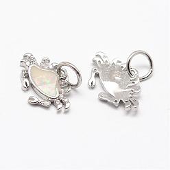 White Brass Micro Pave Cubic Zirconia Charms, with Synthetic Opal, Crab, Platinum, White, 10x15x2mm, Hole: 4.5mm