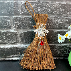 Bees Wood Wicca Broom Car Hanging Decoration, with Alloy Decoration and Teardrop Glass Charm, Bees, 140x90mm
