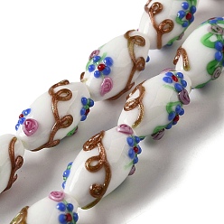 White Handmade Lampwork Beads, Rice wit Flower, White, 23x12~13mm, Hole: 1.6mm