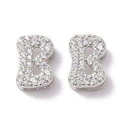 Letter B 925 Sterling Silver Micro Pave Cubic Zirconia Beads, Real Platinum Plated, Letter B, 9x6.5x3.5mm, Hole: 2.5x1.5mm