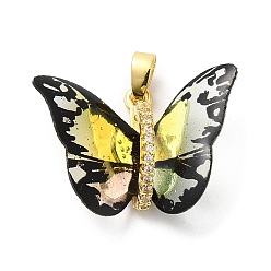 Yellow Brass Pendants, with Cubic Zirconia, Film, Long-Lasting Plated, Lead Free & Cadmium Free, Real 18K Gold Plated, Butterfly, Yellow, 16~17x23~14x6mm, Hole: 6x3.5mm