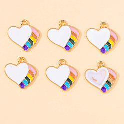 White Alloy Enamel Pendants, Heart with Rainbow Charm, Golden, White, 18x18mm