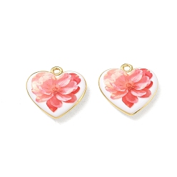 Red Printed Brass Pendants, Heart & Flower Pattern Charms, Rack Plating, Long-Lasting Plated, Lead Free & Cadmium Free, Real 18K Gold Plated, Red, 18.5x19x4.5mm, Hole: 2mm