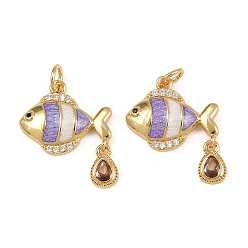 Лиловый Латунные микро проложить кубического циркония подвески, рыбы прелести, с эмалью, стойки покрытие, без свинца и без кадмия, долговечный, с целью перехода в кольце, реальный 18 k позолоченный, сирень, 13x16x3 мм, отверстие : 3 мм