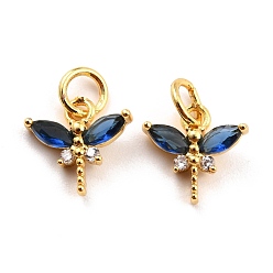Dark Blue Brass Micro Pave Cubic Zirconia Charms, Real 18K Gold Plated, Cadmium Free & Lead Free, Autumn Pendants, Dragonfly, Dark Blue, 10x10.5x3mm, Hole: 3.8mm
