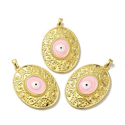 Розовый Стойки обшивки латунные подвески, с эмалью, долговечный, без свинца и без кадмия, реальный 18 k позолоченный, овал со злыми глазами, туманная роза, 50.5x35x9.5 мм, отверстие : 6x3 мм