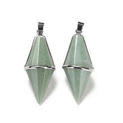 Green Aventurine Natural Green Aventurine Pointed Pendants, Faceted Bicone Bullet Charms with Rack Plating Platinum Plated Brass Findings, Cadmium Free & Lead Free, 42.5~43x17~18mm, Hole: 4x5.5mm