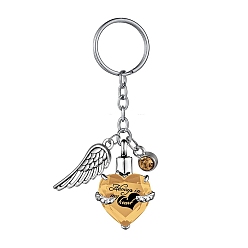 Gold Stainless Steel Keychain, with Urn Ashes and Wing Pendant, Gold, Pendant: 2.5x2.1cm