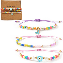 (52) Непрозрачная лаванда 3 шт. браслеты из стеклянного бисера, смолы и латунного плетеного бисера, Регулируемые браслеты из латуни с эмалированными подвесками для женщин, сердце и зло, с натуральной ракушкой и поздравительной открыткой, разноцветные, 11.02 дюйм (28 см)