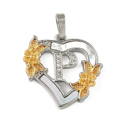 Letter P Латунь микропаве фианиты с подвесками-ракушками, Сердце и письмо, долговечный, без свинца и без кадмия, стойки покрытие, Письмо P, 20x20.5x3 мм, отверстие : 3.5x5 мм