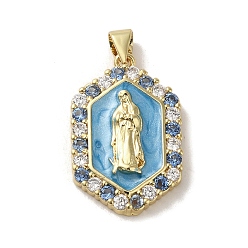 Светло-Голубой Покрытие стойки латунные эмалированные подвески с кубическим цирконием, долговечный, без свинца и без кадмия, реальный 18 k позолоченный, шестиугольник, Небесно-голубой, 25x16.5x4.5 мм, отверстие : 3x4 мм