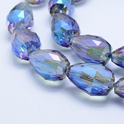 Cornflower Blue Electroplate Glass Beads Strands, Full Plated, Faceted, teardrop, Cornflower Blue, 27~28x18mm, Hole: 2mm, about 25pcs/strand, 26.3 inch~27.1 inch(67cm~69cm)