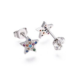 Platinum Brass Micro Pave Cubic Zirconia Stud Earrings, with Brass Ear Nuts, Star, Colorful, Platinum, 7x7.5mm, Pin: 0.7mm