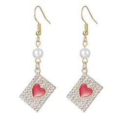 Red Alloy Crystal Rhinestone Rectangle with Heart Dangle Earrings, Imitated Pearl Acrylic Beaded Drop Earrings with Enamel, Red, 47~55x18mm