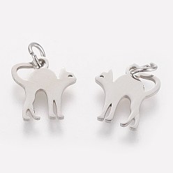 Stainless Steel Color 201 Stainless Steel Kitten Pendants, Stretch Cat Shape, Stainless Steel Color, 12x12x1mm, Hole: 3mm