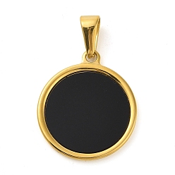 Black Resin Flat Round Pendants, Golden Tone 304 Stainless Steel Charms, Black, 29x25x2mm, Hole: 9.8x4.8mm
