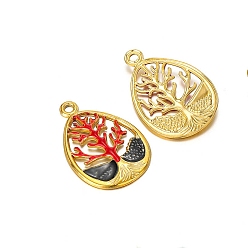Black Stainless Steel Pendants, with Enamel, Golden, Hollow Teardrop with Tree of Life Charm, Black, 31x24mm, Hole: 2.6mm