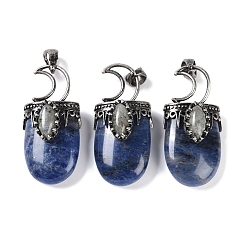 Содалитовое Природные подвески содалитом, Луна прелести, со стойкой, фурнитура из латуни, античная посеребренная, без свинца и без кадмия, 43.5~45x20~22x14.5~15.5 мм, отверстие : 6.5x5 мм