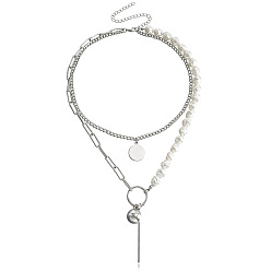 White K Baroque Pearl Necklace with Geometric Shapes and Long Rod Pendant Chain