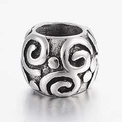 Antique Silver 304 Stainless Steel European Beads, Large Hole Beads, Barrel with Vortex, Antique Silver, 9.5x7.5mm, Hole: 5mm