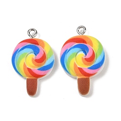 Разноцветный Подвески из непрозрачной смолы, окрашенные распылением, имитация еды, леденец очарование, с платиновыми тоновыми железными петлями, красочный, 29x19x6 мм, отверстие : 2 мм