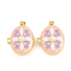 Pink Подвески латуни медальон, с эмалью и абс пластика имитация жемчуга, без кадмия и без свинца, реальный 18 k позолоченный, стойки покрытие, долговечный, овал с цветочными подвесками, розовые, 26.5x21x12 мм, отверстие : 3x5 мм