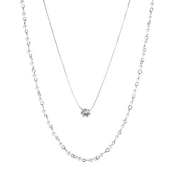 Silver Fashionable Layered Chain Necklace with 6-Claw Zirconia and Pearl Beads - Versatile