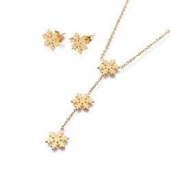 Golden Snowflake 304 Stainless Steel Jewelry Sets, Cable Chains Pendant Necklaces and Stud Earrings, with Ear Nuts and Lobster Claw Clasps, for Christmas, Golden, 20.15 inch(51.2cm), 11x9.5mm, Pin: 0.7mm