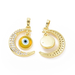 Gold Brass Micro Pave Cubic Zirconia Pendants, with Handmade Evil Eye Lampwork, Crescent Moon Charm, Real 18K Gold Plated, Gold, 23x16x4mm, Hole: 4x6mm