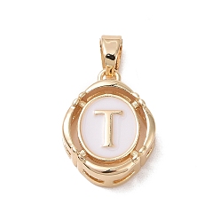 Letter T 304 Stainless Steel Enamel Pendants, Oval with Letter, Golden, White, Letter.T, 15.5x11.5x4mm, Hole: 4.5x2.5mm